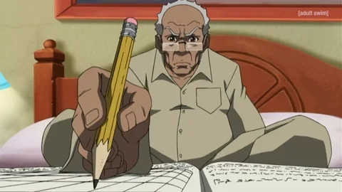 Granddad from Boondocks writing in a book and tearing out the pages in frustration.